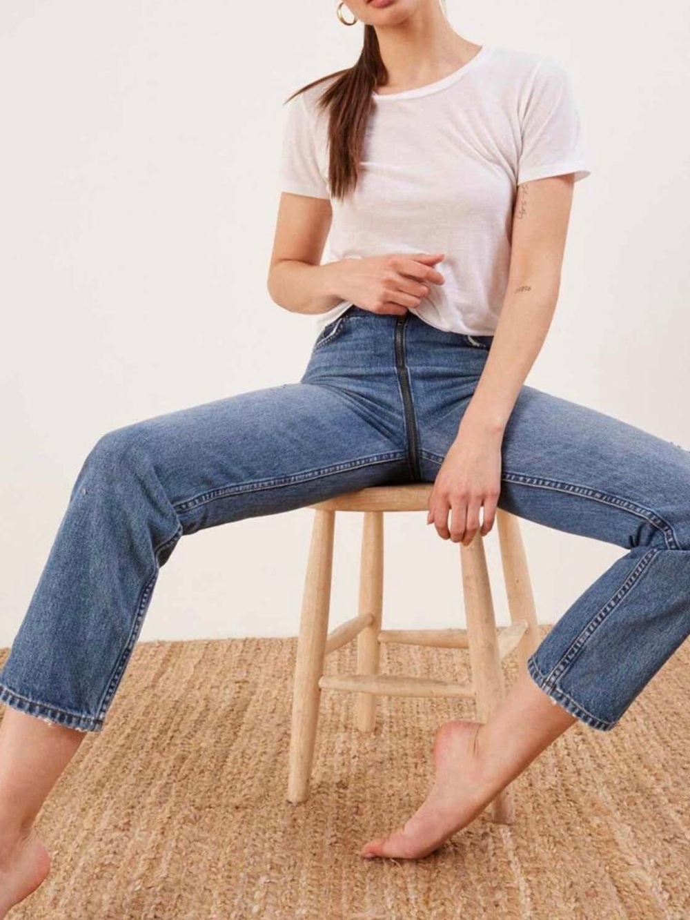 Reformation High Rise Zip Straight Crop Jeans Raw Hem Distressed Blue Denim